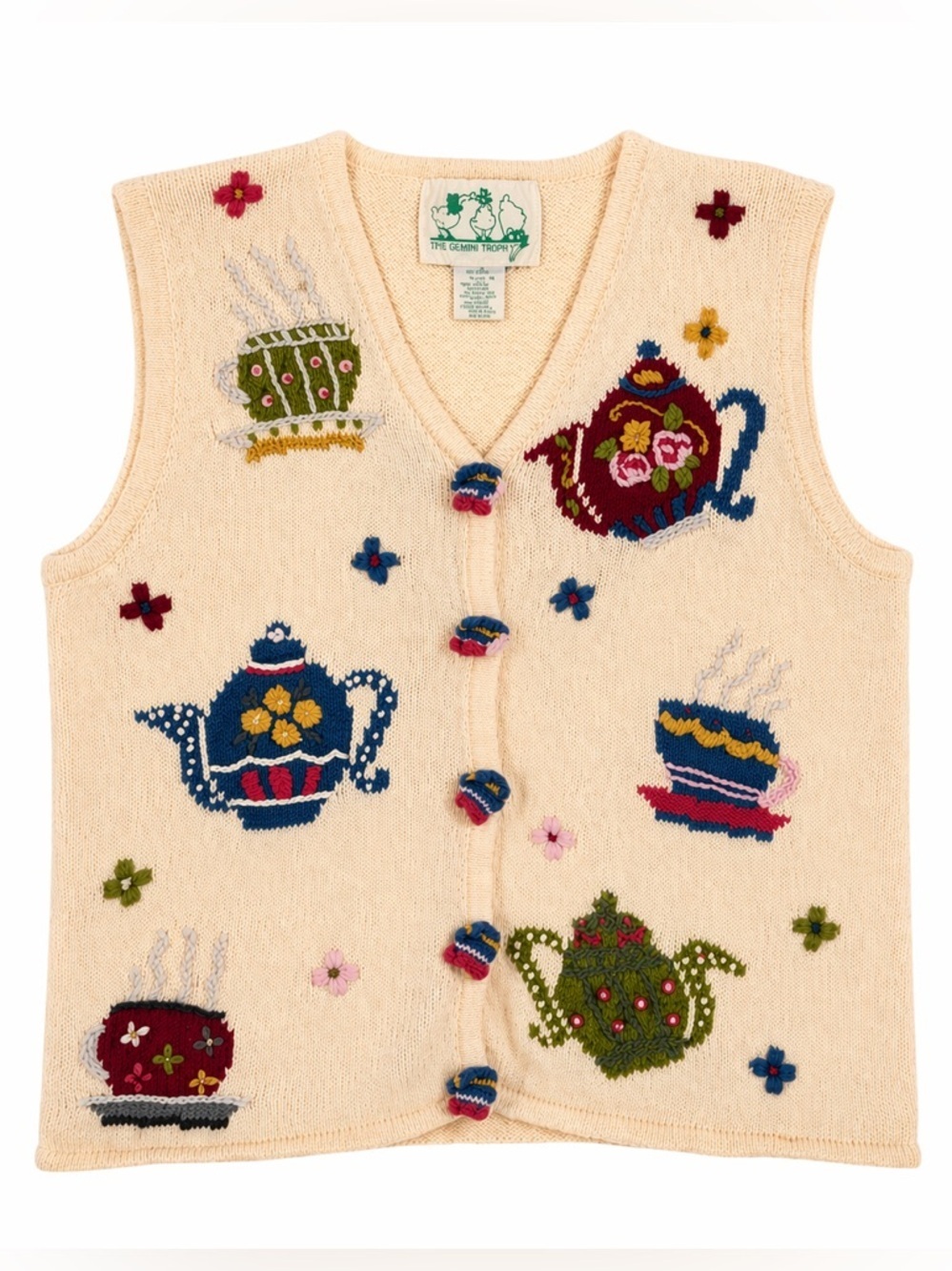 Vintage The Quaker Factory Teacup Tea Party Hand Knit Sweater Vest Size Small